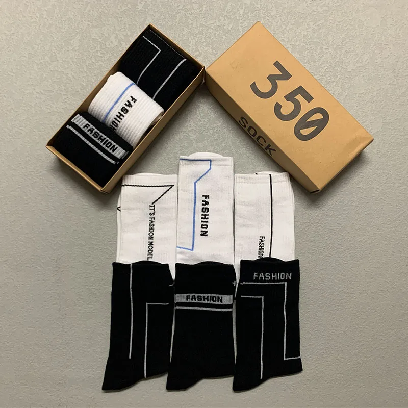 3 Pairs/Box Streetwear Line Letter Stockings Cotton Harajuku Sports Black White Funny Soft Skateboard Men Women Socks Gifts Pack