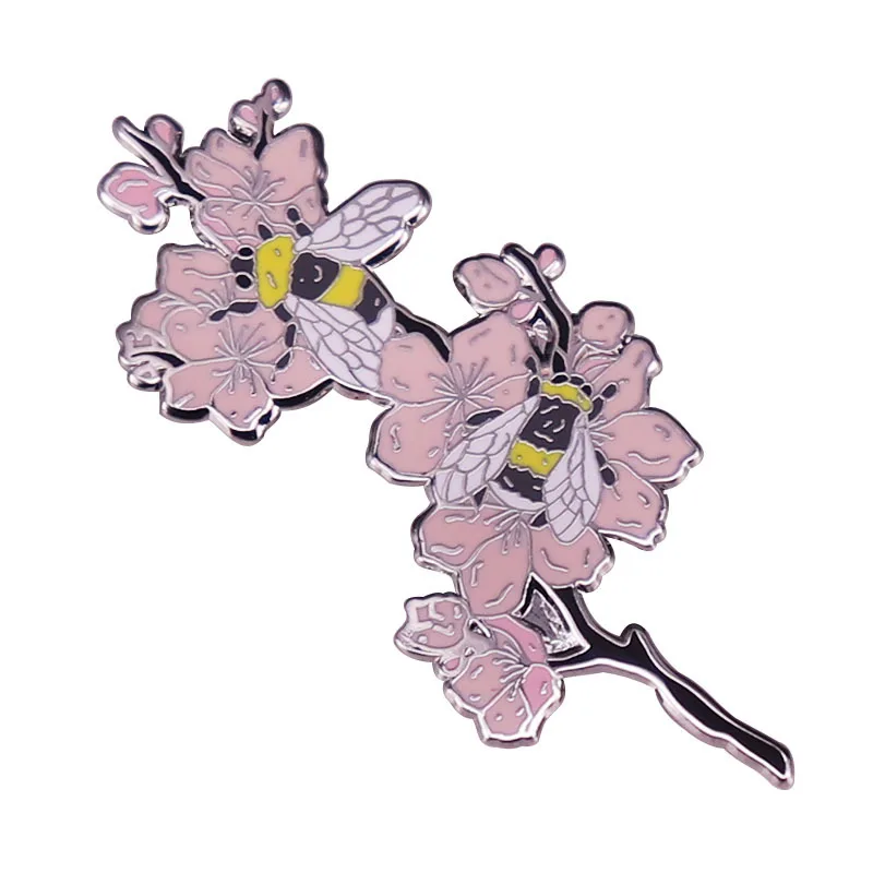 

B0409 Spring Flower Cherry Blossom Enamel Pin Sakura Bee Brooch Pink Floral Badge Festival Jewelry