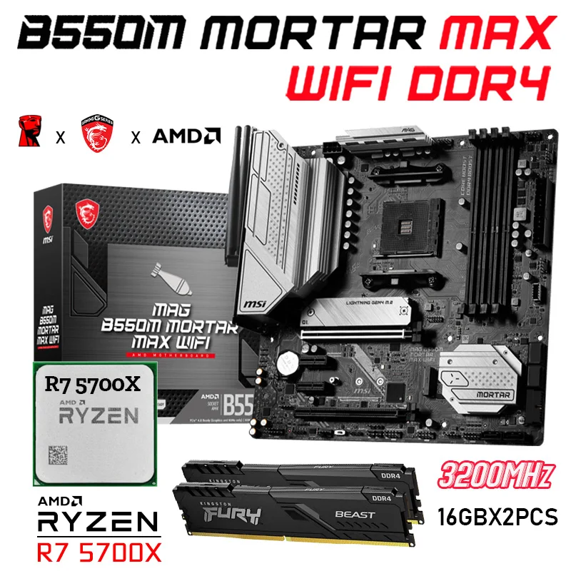 

AM4 MSI MAG B550M MORTAR WIFI Motherboard Combo AM4 + Kingston RAM DDR4 3200MHz 32GB + R7 5700X CPU Ryzen Kit 5700X New