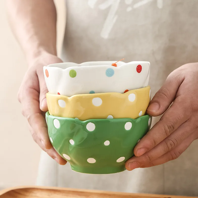 

Japanese Rice Bowl Household Polka Dot Ceramic Soup Noodle Bowl Restaurant Catering Salad Tools Kitchen Tools