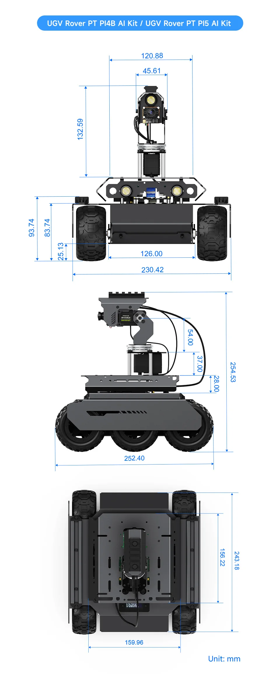 Комплект UGV Rover PT PI4B AI с модулем панорамирования и наклона 6-колесный робот 4WD
