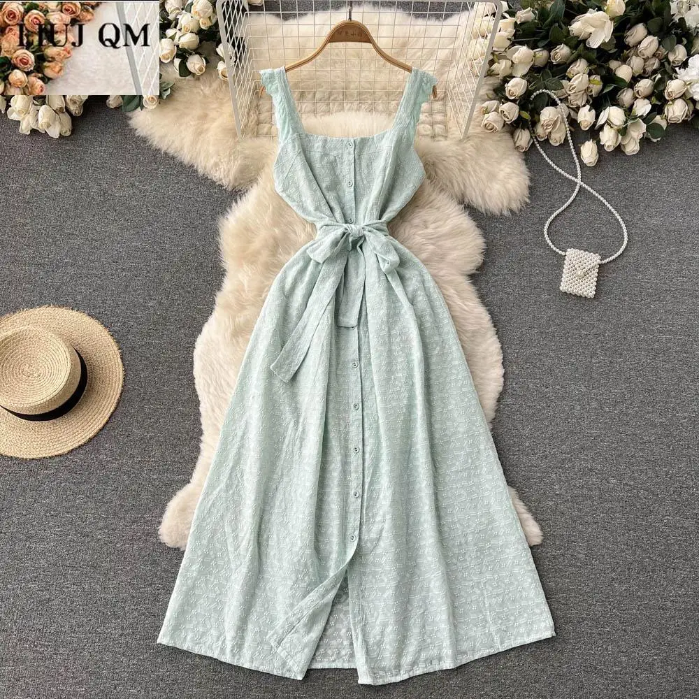 

Bohemian Summer Beach Embroidery Dress Sexy Women Square Collar Solid Cotton High Quality Bandage Spaghetti Strap Long Dresses
