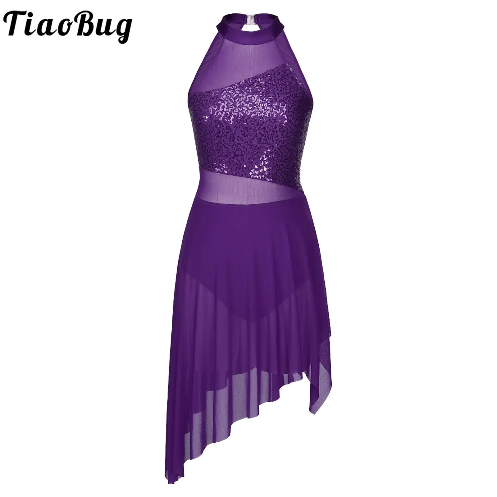 

Glitter Sequins Lyrical Dance Dress Womens Adults Shiny Asymmetrical Hem Contemporary Dress Ballet Ballerina Dancewear