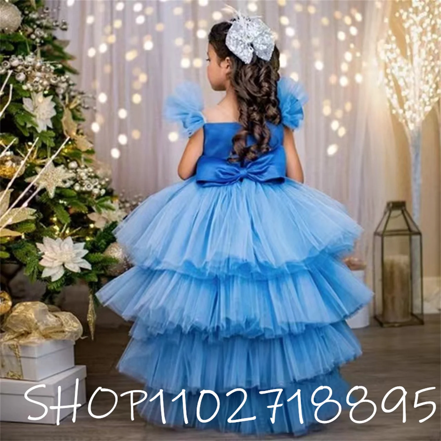 

Синие платья для девочек с коротким рукавом и цветочным принтом для свадеб, фатиновая аппликация, женское платье для первого причастия, низкое/высокое платье, бальное платье принцессы 2023