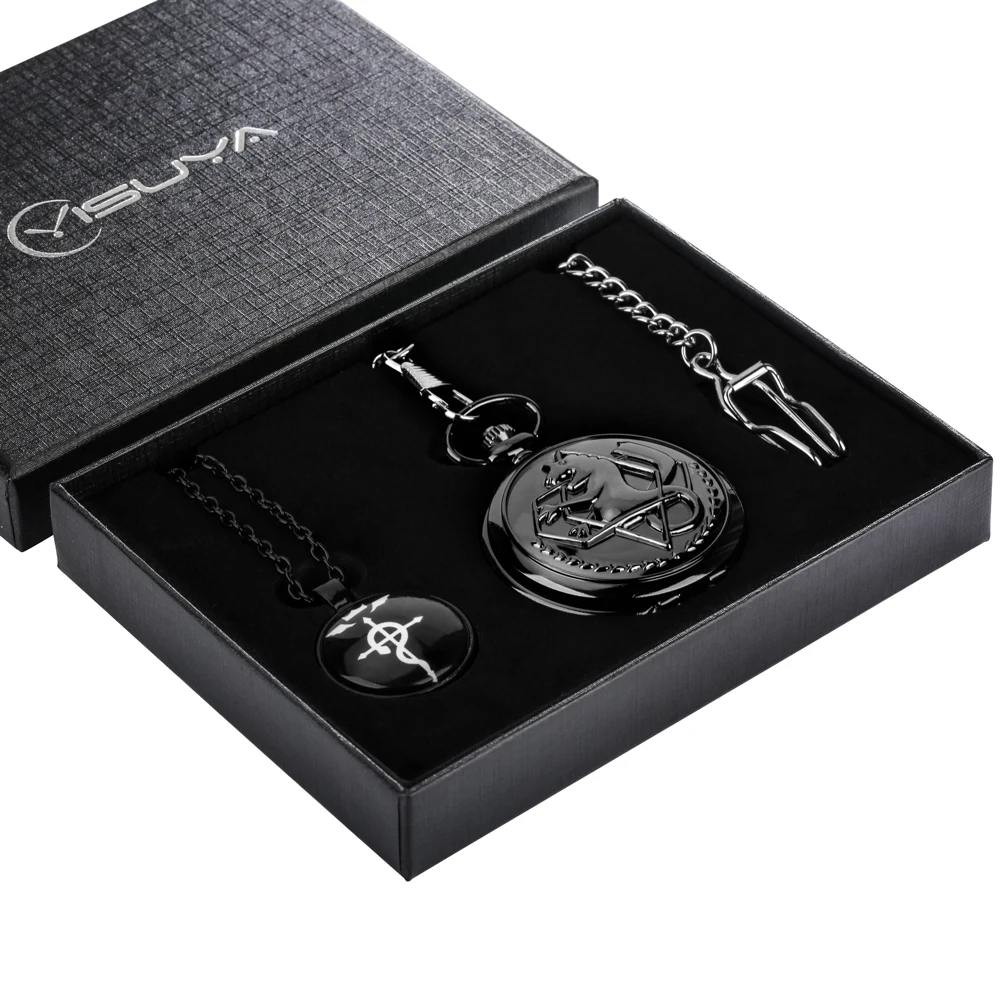3PCS Necklace Pocket Watch Retro Tone Fullmetal Gifts Sets for Men Anime Cosplay Pendant Black Quartz Clock Reloj De Bolsillo