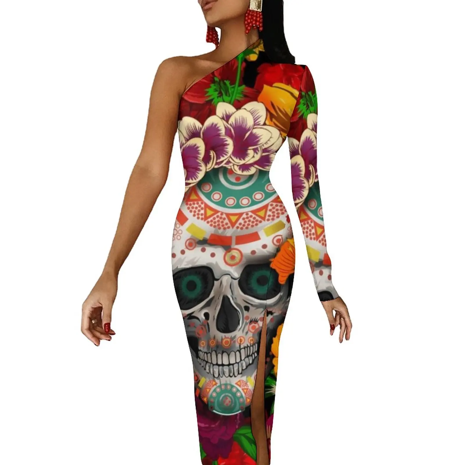 

Облегающее платье с изображением смайлика сахарного черепа, Элегантное Длинное платье с высоким разрезом и принтом Дня мертвых цветов, платье с длинным рукавом под заказ