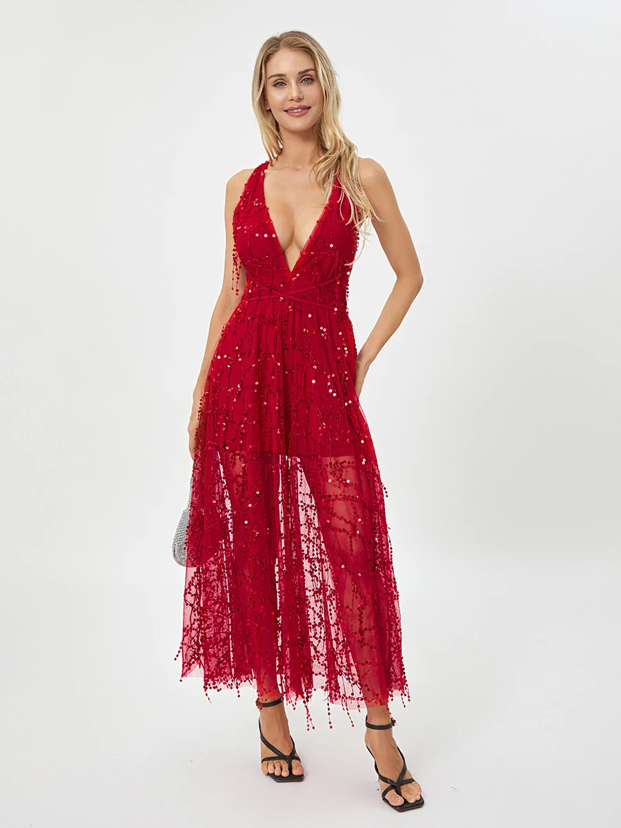 

Женское летнее однотонное длинное вечернее платье без рукавов с открытой спиной и глубоким V-образным вырезом с блестками и бахромой