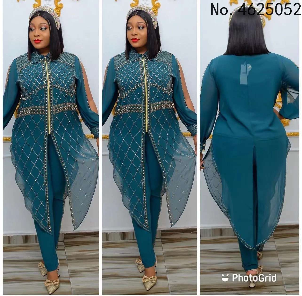 

2022 г., высокое качество, Африканский шифоновый костюм, топ с утечкой через плечо, с бусинами и брюками для женщин