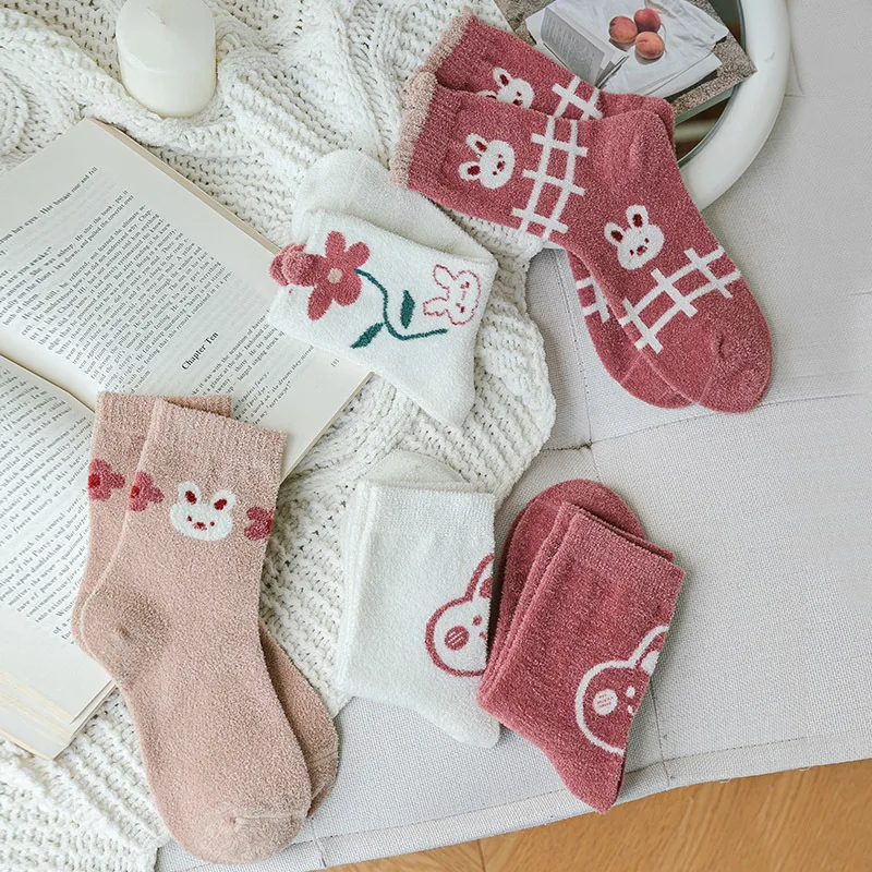 

Милые женские носки с кроликом, Милые Удобные женские розовые, белые длинные женские повседневные милые носки на осень и зиму