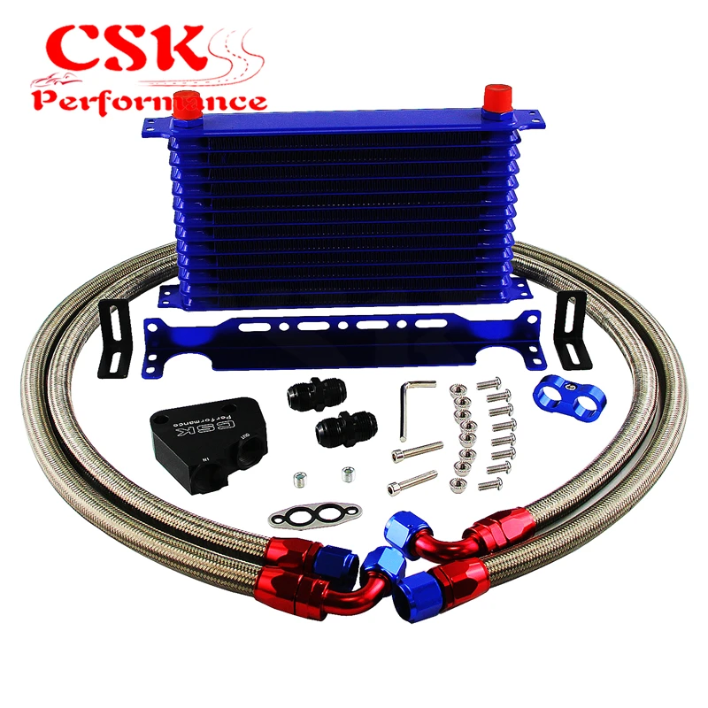 

13 Row Engine Oil Cooler Kit+Sandwich Plate adapter Fit For LS1 LS2 LS3+Bracket Blue