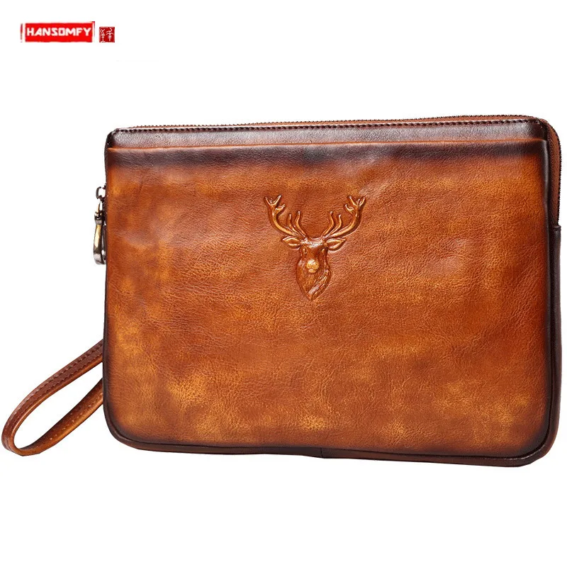Large Capacity Clutch Bag Men's Leather Handbag Men Envelopes Bag Genuine Leather Fashion Casual Business Mobile Phone Bags Soft