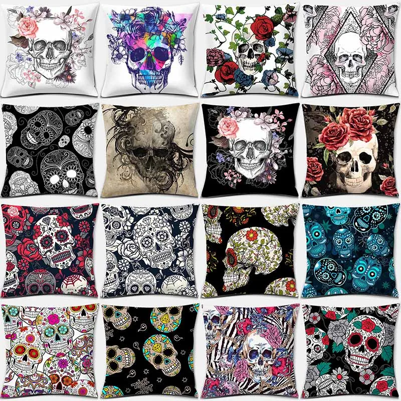 

Fashion Sugar Skull Flower Skull Print Square Pillowcase Home Decoration Car Sofa Cushion Cover
