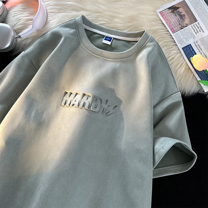 

High end retro short sleeved T-shirt men new summer American tide brand suede heavy T shirt half sleeved harajuku y2k top