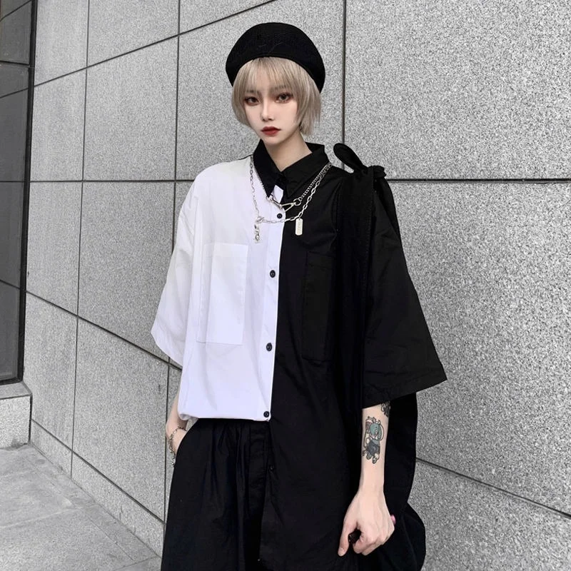 

XEJ Harajuku Shirt Boho Blouse for Women Black and White Patchwork Top Vintage Clothing Hip Hop Street Tops for Women Summer