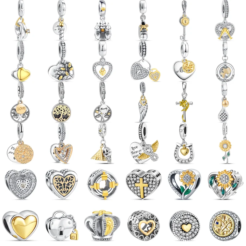 

925 Silver Two-Tone Birthday Candle Ring Castle Heart Feather Tree Family Beads Fit Original Pandora Charms Bracelet DIY Jewelry