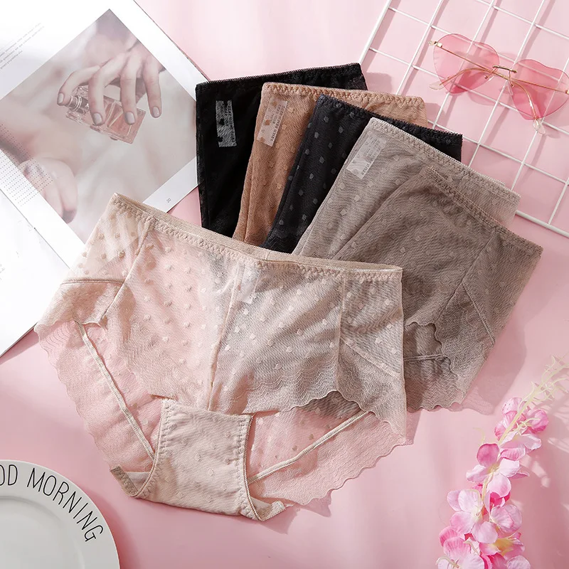 

Трусики женские сетчатые с вырезами, хлопковые дышащие кружевные в горошек, в японском стиле, средняя посадка, без следов