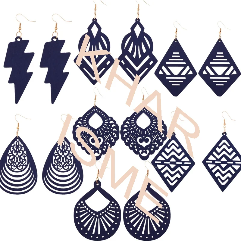 Серьги-подвески геометрической формы с вырезами по дереву, темно-синие модные украшения для женщин, женские Эффектные серьги, серьги