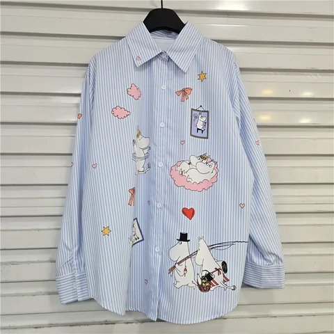 Женская рубашка WTHT полосатая с мультяшным принтом