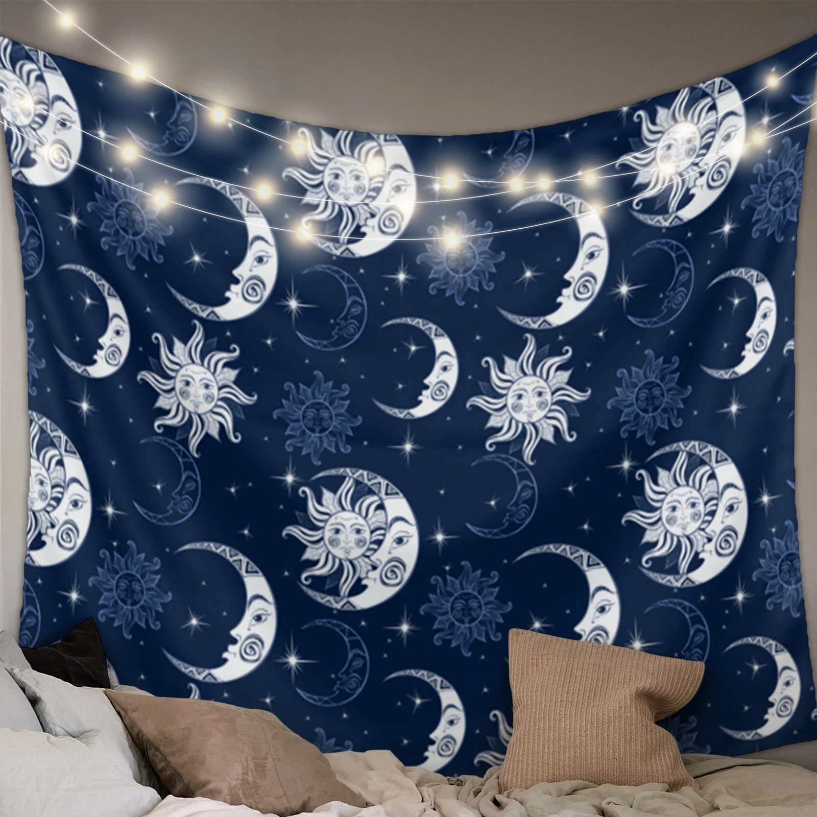 Гобелен в стиле хиппи с Луной и звездами звездным небом темно-синего цвета