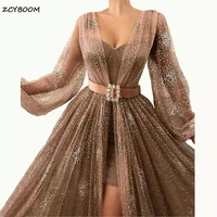 2022 chanpagne long sleeves split evening dresses women sequin crystal formal party robe de soiree elegant vestido prom dresses