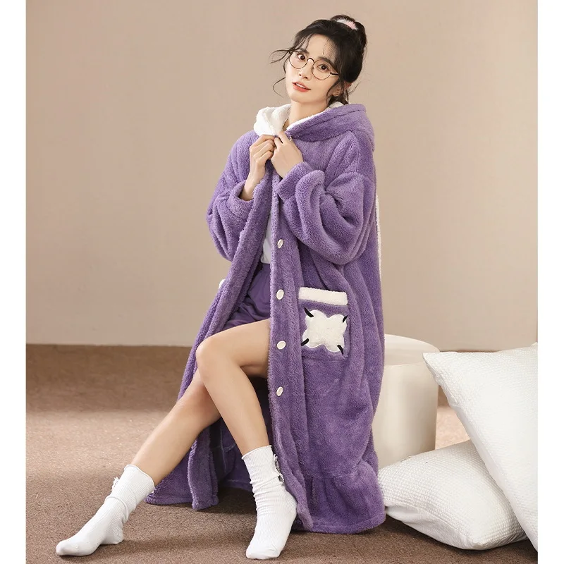 Women's pajamas winter coral fleece Sleepwear women's long robe nightgown women's winter loungewear