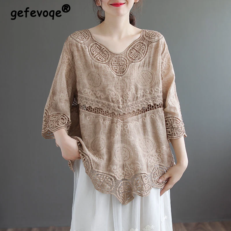 Женская Асимметричная туника из хлопка и льна Повседневная Свободная однотонная