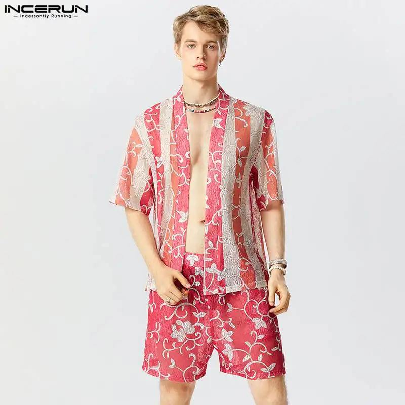 

American Style Mens Fashion Sets Short Sleeved Cardigan Tops Shorts Casual Lace Tracery Pattern Suit 2 Pieces S-5XL INCERUN 2023