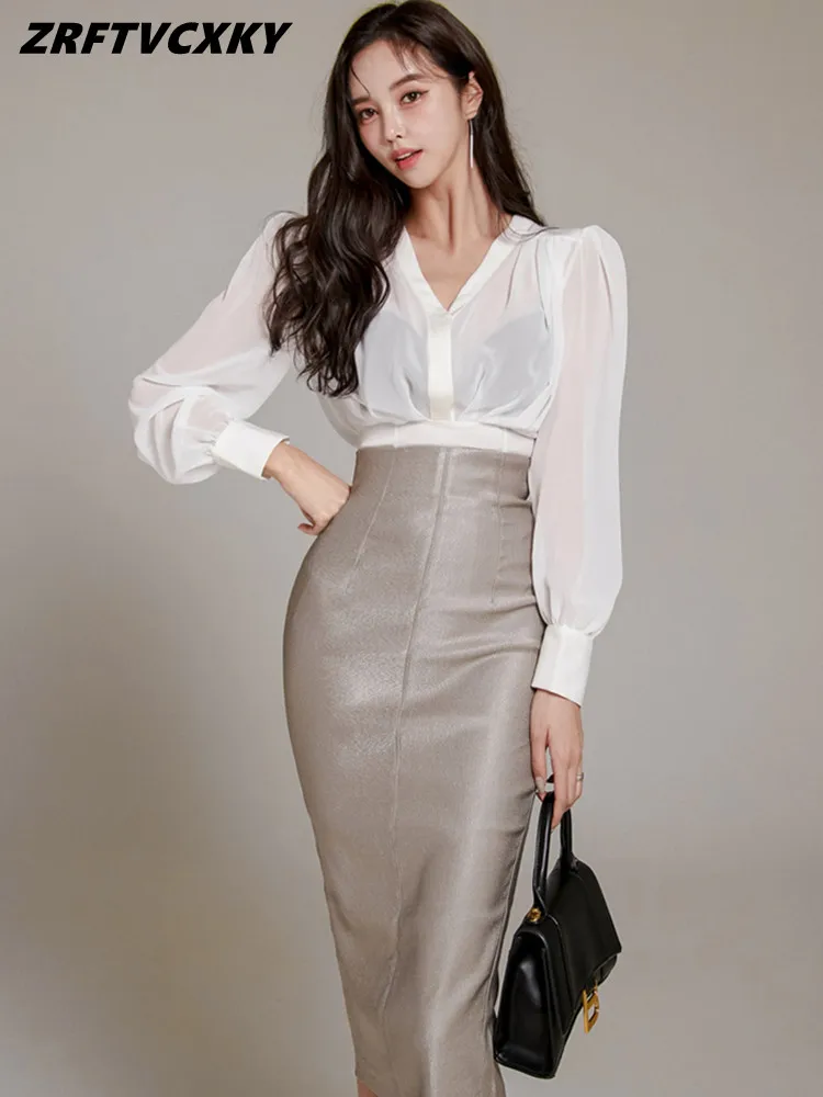 

New Korean 2 Pieces Set Women White V-Neck Top + High Waist Pencil PU Leather Skirts Elegant Simple Office Lady Skirt Suit