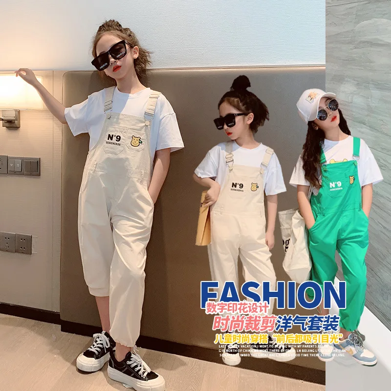 

2022 summer new girls' suits Western-style cartoon short-sleeved suspenders cropped two-piece suit