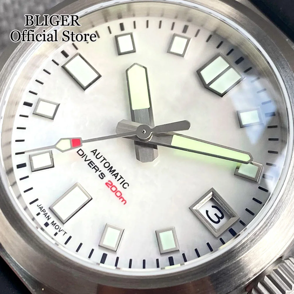 BLIGER 200M Waterproof NH35A Diving Watch Men 38mm Automatic AR Sapphire Glass Luminous White/Black Mother of Pearl Dial