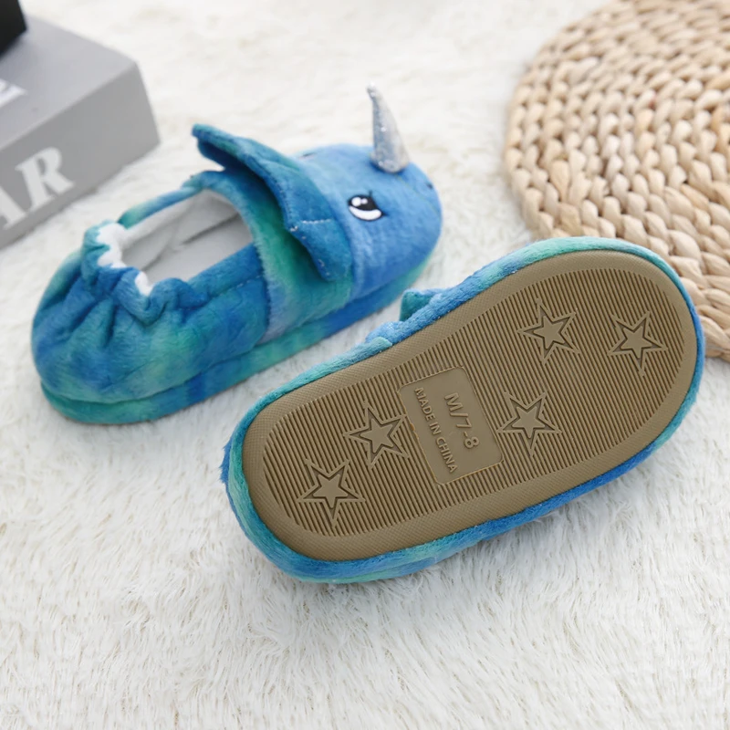 Тапочки детские зимние с 3D динозавром плюшевые мягкая резиновая подошва