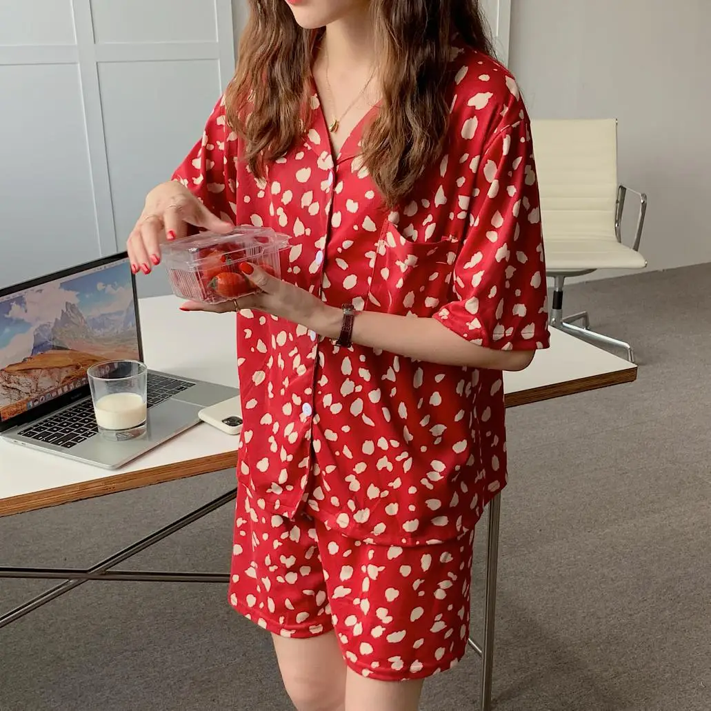 

Red Printed Summer Pajamas Set Women Korean Ins Two Piece Home Suit Vintage Thin Sleepwear Single Breasted Shirts + Shorts