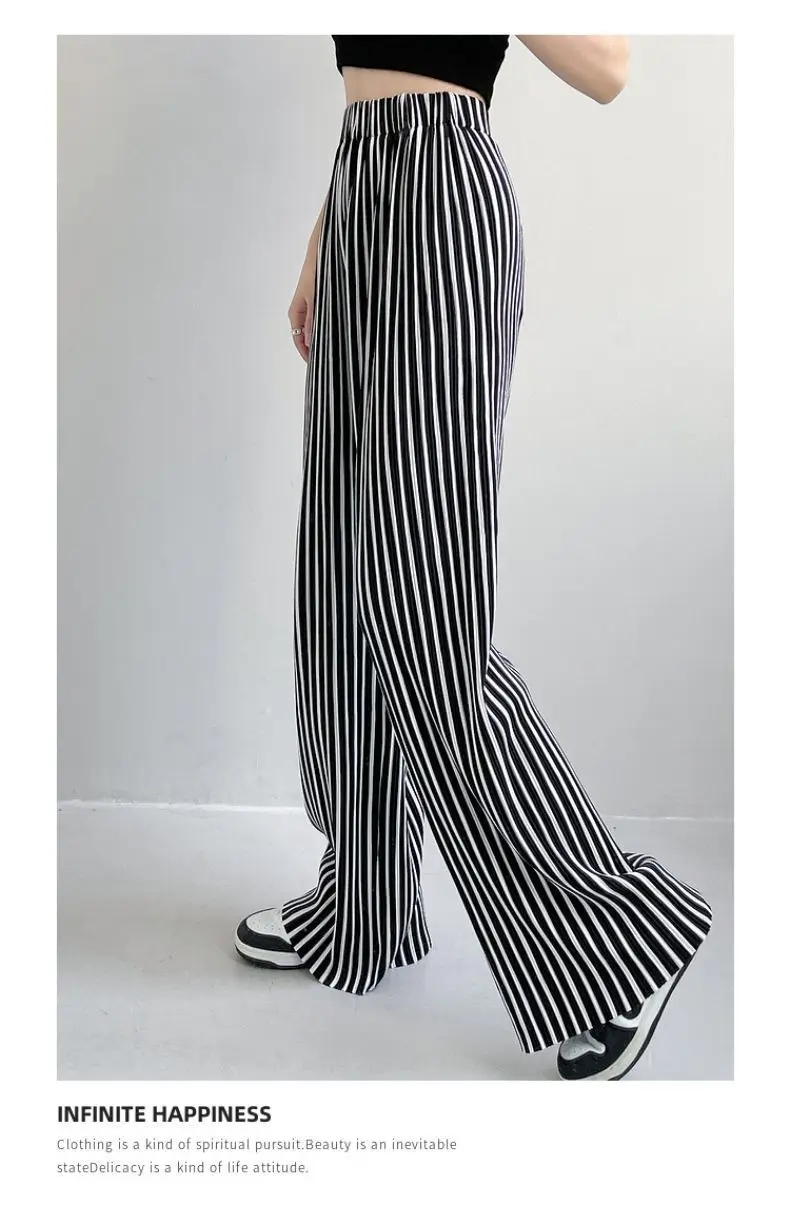 

Striped Wide Leg Pant For Women Elastic High Waist Long Trouser Autumn Female Fashion ice silk straight casual pants