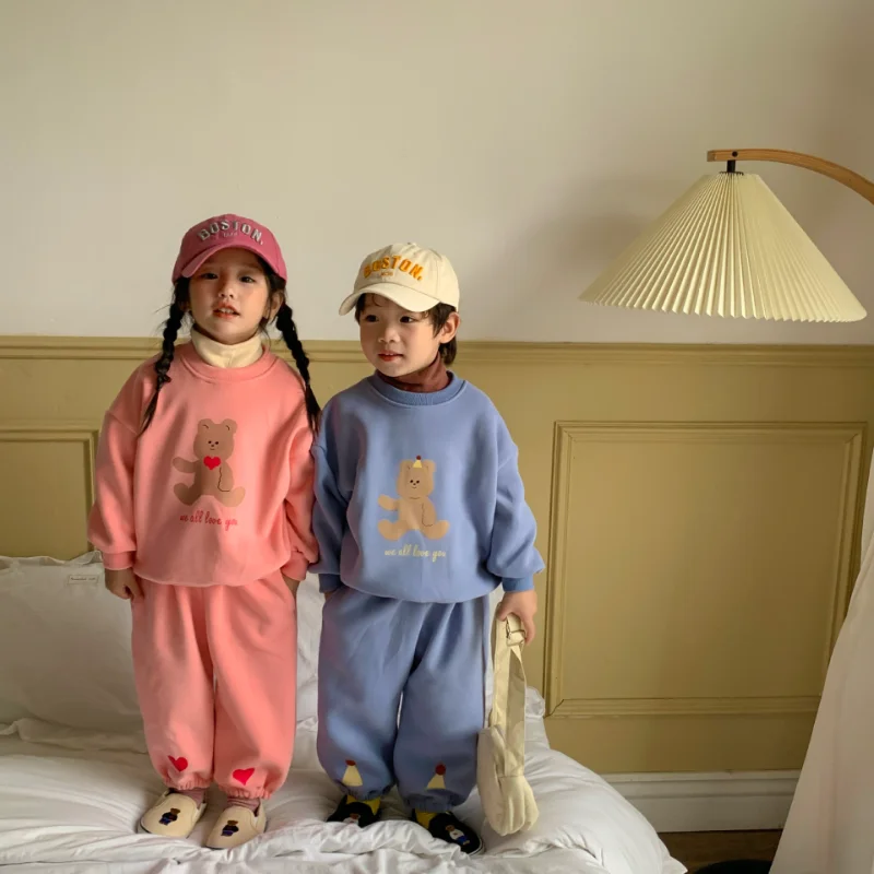 

Autumn and Winter 22 Korean Children's Set Baby One Piece Plush Sweater Pants Two Piece Girls Boys Plush Cartoon Sets