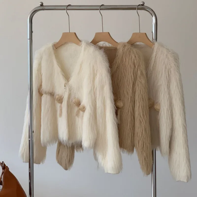 Женская осенне-зимняя куртка из лисьего меха с цветами мягкий теплый кардиган в