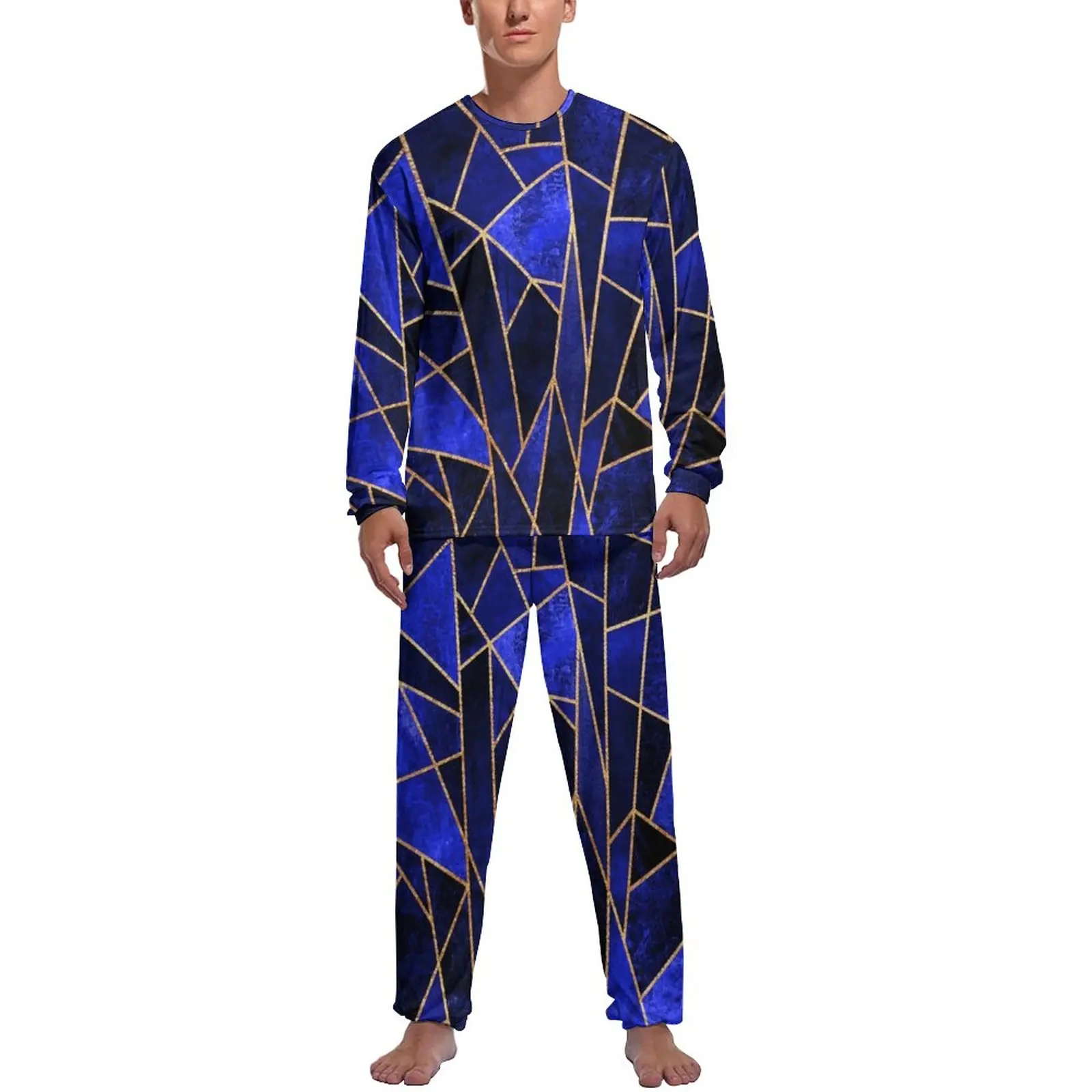 Blue Geometry Pajamas Gold Line Print Men Long Sleeves Elegant Pajama Sets 2 Pieces Night Spring Printed Home Suit Gift Idea