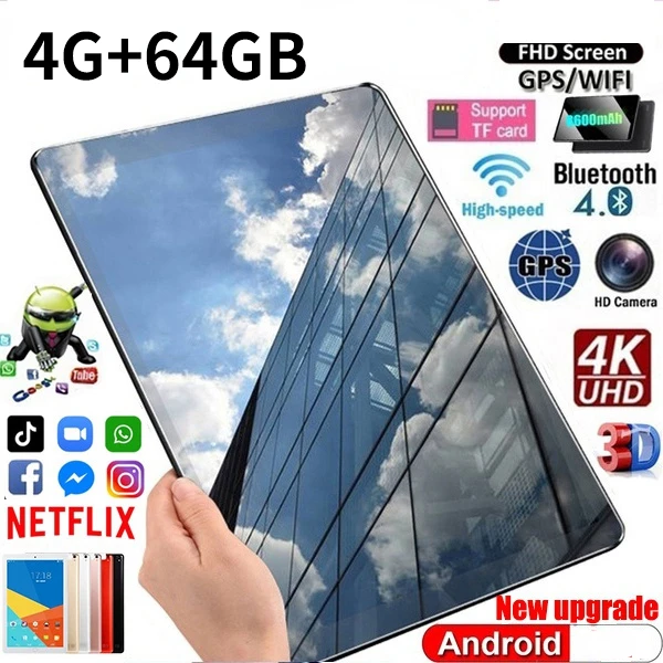 2023 WiFi Tablet PC New Android 9.0 10.1 Inch 4G+64GB Tablet 8 Cores 4G Network Tablet Dual SIM Dual Camera Rear