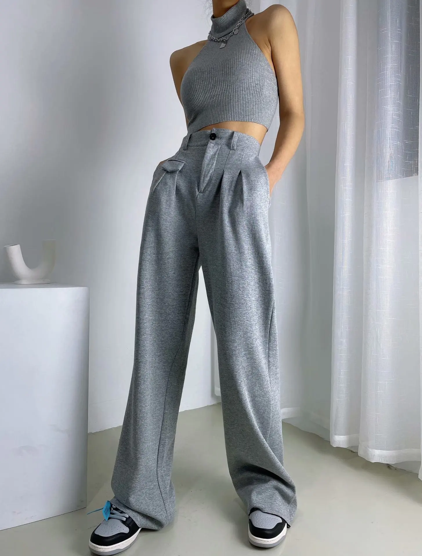 2023 Women Spring Fall New Elastic High Waist Wide-leg Gray Pants Loose Straight Trousers Trend Female Solid Color Jogging Pants