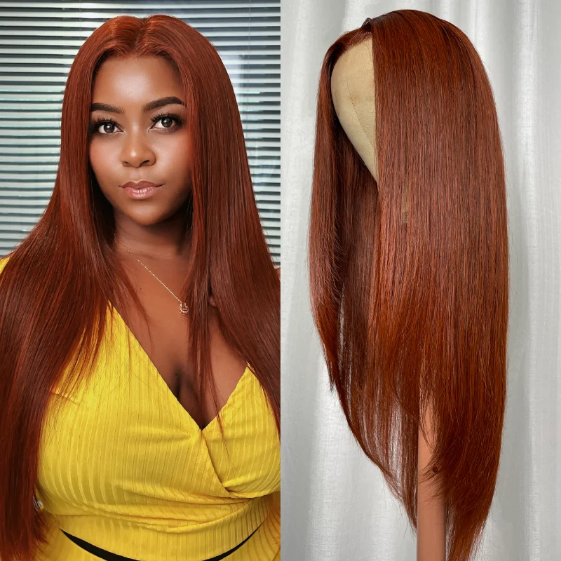 

Klayi Straight Hair Lace Frontal Wigs Brazilian Human Hair Wig For Women 13x4 Lace Front Wig Reddish Brown Feathered Layered Cut