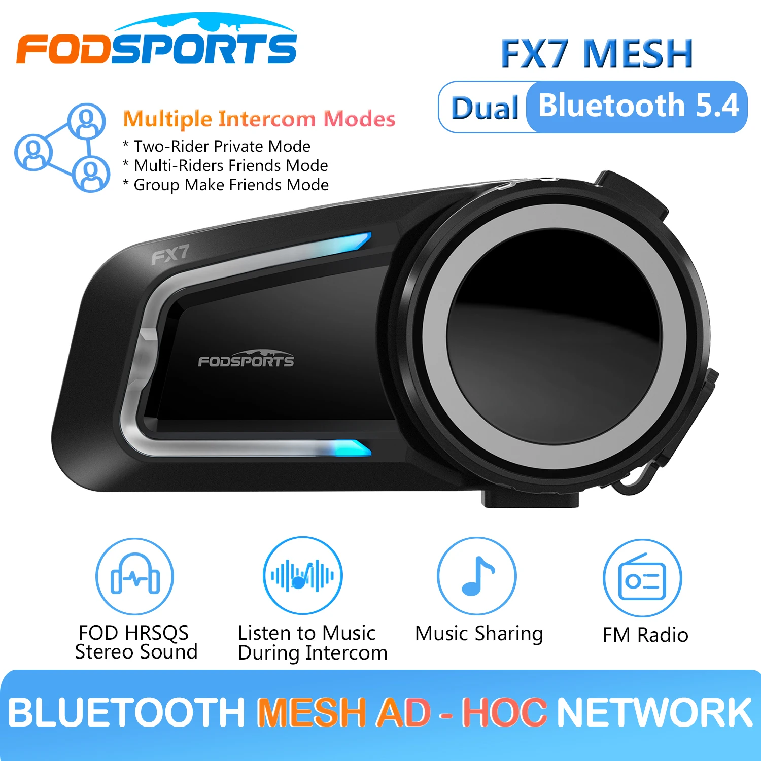 

Bluetooth-гарнитура Fodsports FX7 сетчатая для мотоциклетного шлема, 10 динамиков Домофон для мотоциклов,Блютуз 5.4,Обмен музыкой