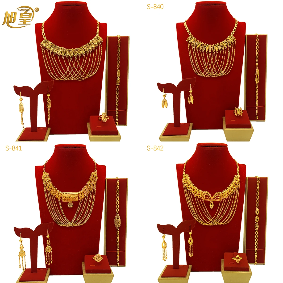 Фото Роскошный индийский Дубай, 24K, золотой цвет, искусственное свадебное нигерийское ожерелье с кисточкой, браслет, серьги, кольцо, наборы, набор украшений для женщин Gift №1