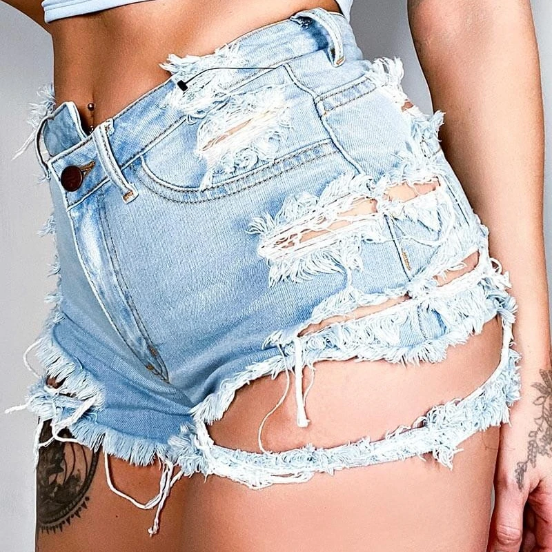 2022 Summer Fashion New Woman Sexy Ripped High Waist Tight Denim Shorts Irregular Fringed Slim Shorts Jeans Short Pants Women