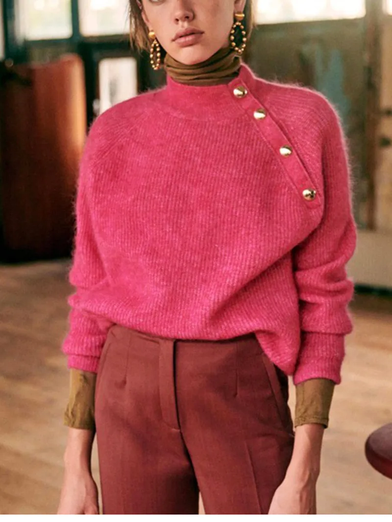 

Women Sweater Striped Half High Collar Oblique Buttons Long Sleeve New 2022 Knit Pullover
