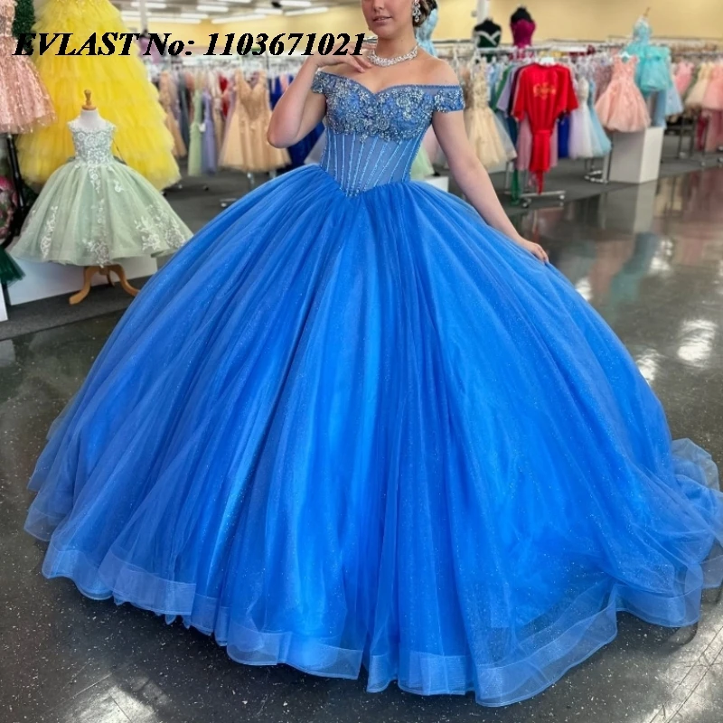 Блестящее синее платье EVLAST Quinnceanera бальное Тюлевая аппликация бисер кристаллы