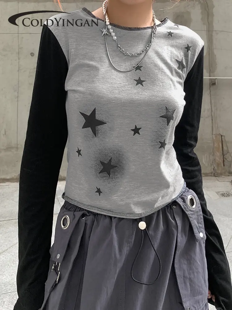 

ColdYingan y2k Star Patchwork Crop Top O Neck Flare Sleeve T Shirt Grunge Aesthetic Retro Pullovers Women Korean Chic Tee Autumn