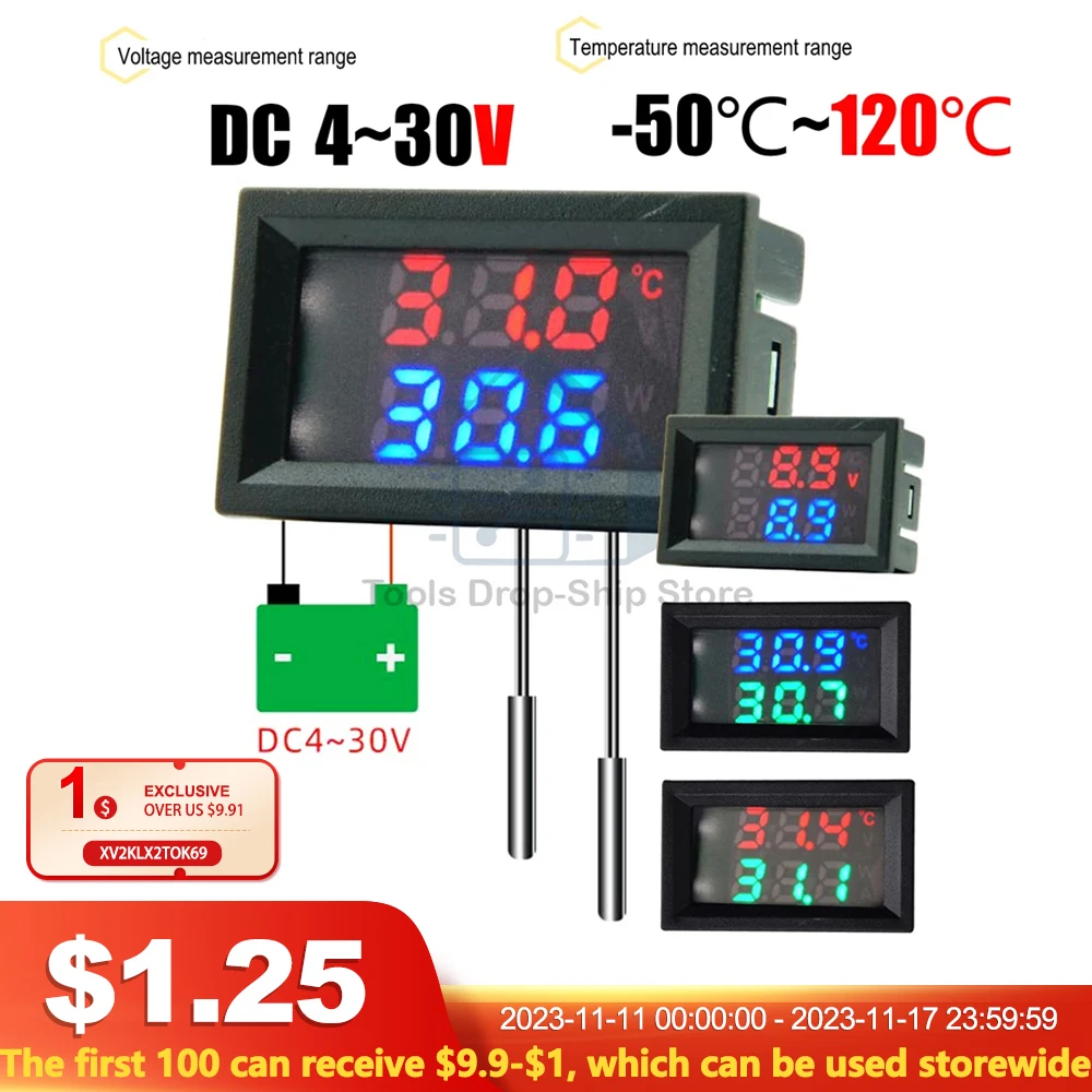 

DC4-30V 100cm Digital DC Single Voltmeter and Thermometer Temperature Sensor Detector With NTC 10K 3950 Probe Temp Tester Gauge