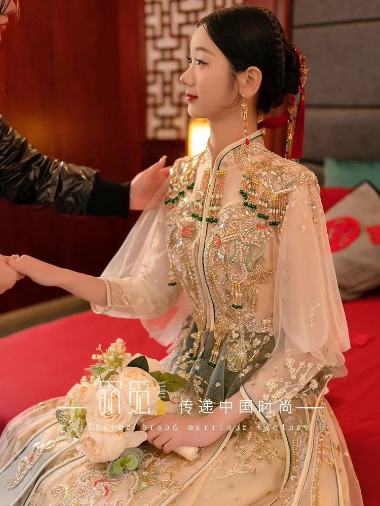 Осеннее тонкое платье Xiuhe цвета шампанского с жемчужинами и блестками свадебное