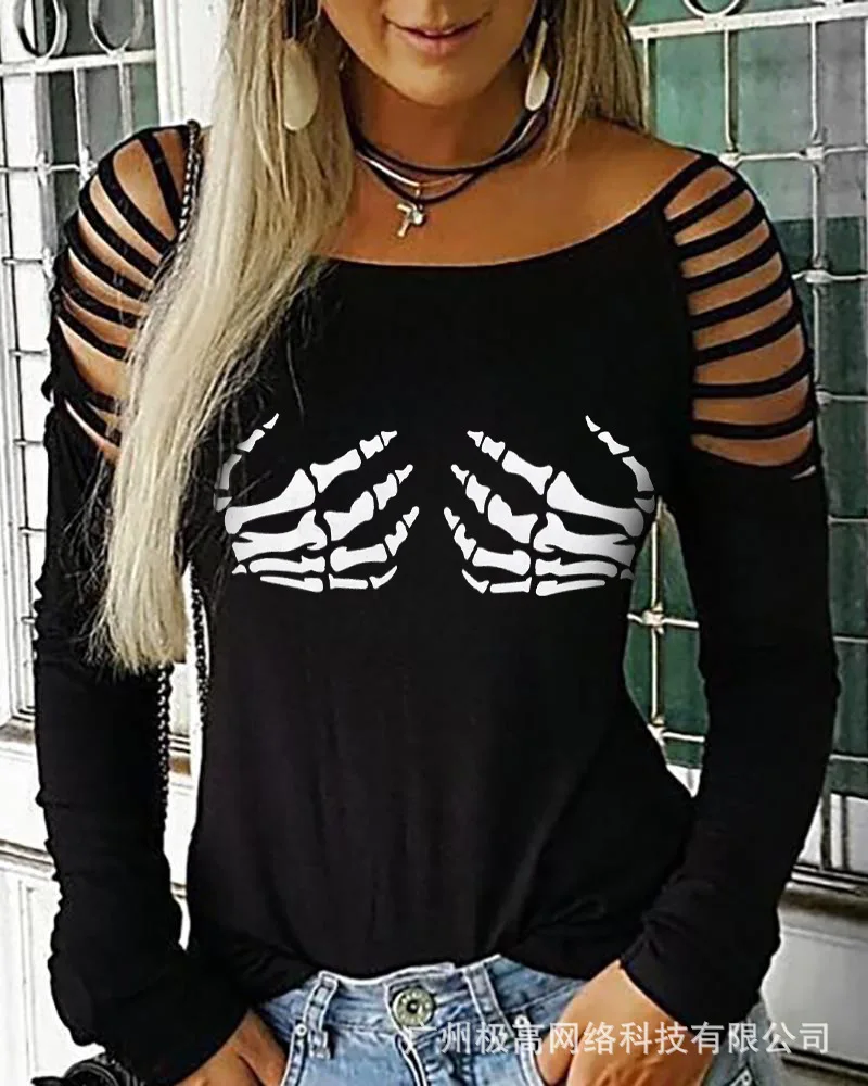 

Casual Women Print Long Sleeved T-shirt 2022 Summer Autumn New Hollow Out Loose Black Tops Fashion O Neck Streetwear Lady Tee