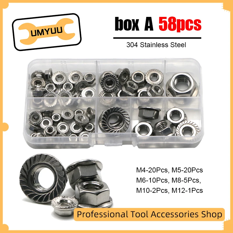 

UMYUU 58Pcs High Quality Metric Thread M4 M5 M6 M8 M10 M12 Hex Flange Nuts Assortment Kit 304 Stainless Steel DIN6923