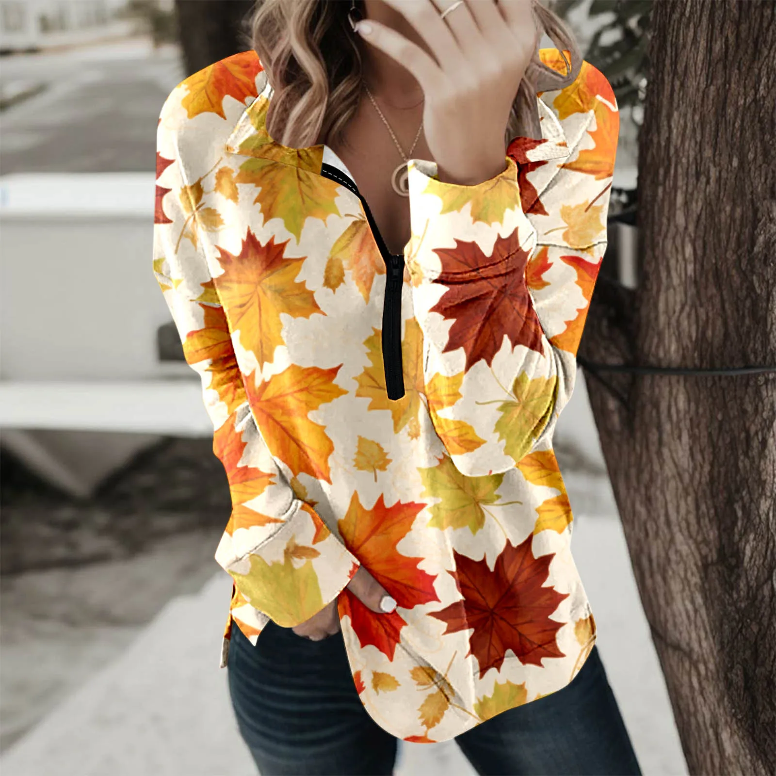 

Женский свитшот с кленовым принтом, Свободный пуловер на молнии с длинным рукавом, повседневная одежда на осень
